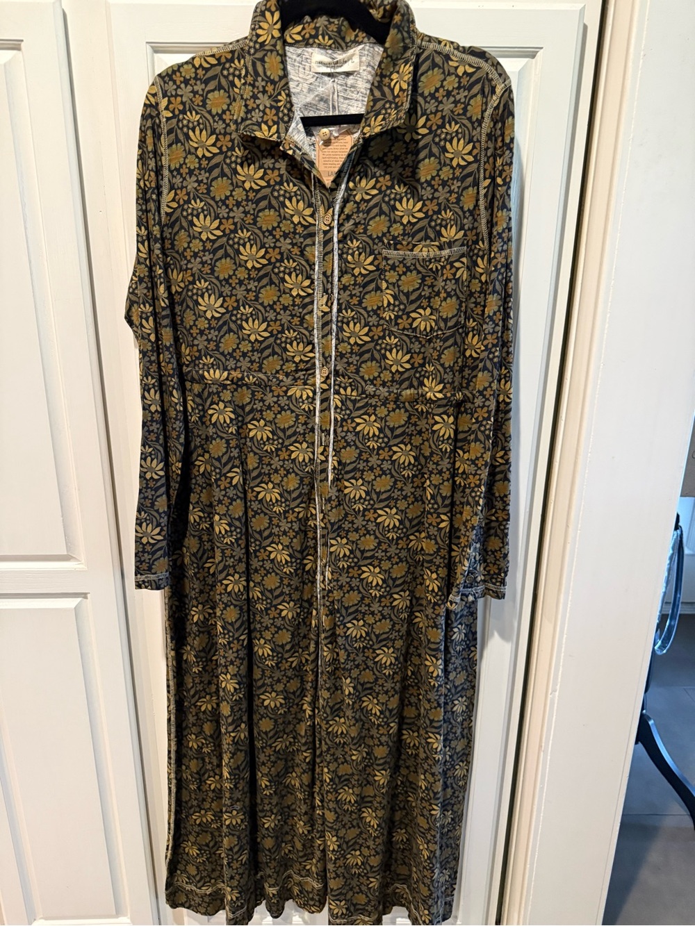 NATURAL LIFE Black Long-Sleeve Floral Button Dress with Olive Accents